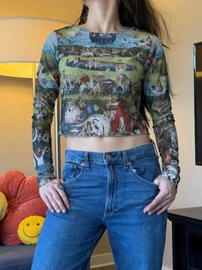 NWOT - Blvckfly - Long-Sleeve Sheer Printed Crop Top - Artsy Whimsigoth Whimsy